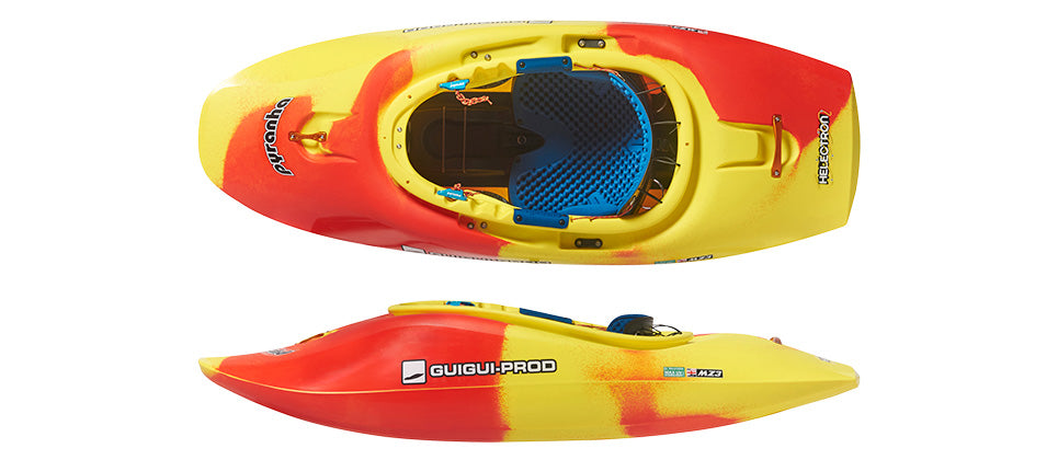 A Pyranha Helectron freestyle kayak in yellow and red is shown from top and side views, featuring a seat, footrest, Elite Outfitting System, and Pyranha branding stickers on the side.