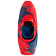 A striking red and blue Pyranha Helectron kayak with "Helixotron" on its surface, viewed from above—a captivating freestyle kayak design.