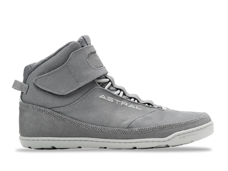 The Astral Hiyak is a grey high-top river shoe featuring Velcro straps, laces, subtle texture, and the word "ASTRAL" on the side. It has a white sole with G rubber traction for excellent grip.