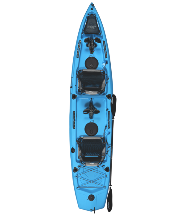 A blue Hobie Mirage Compass Duo 13'6 on a black background.
