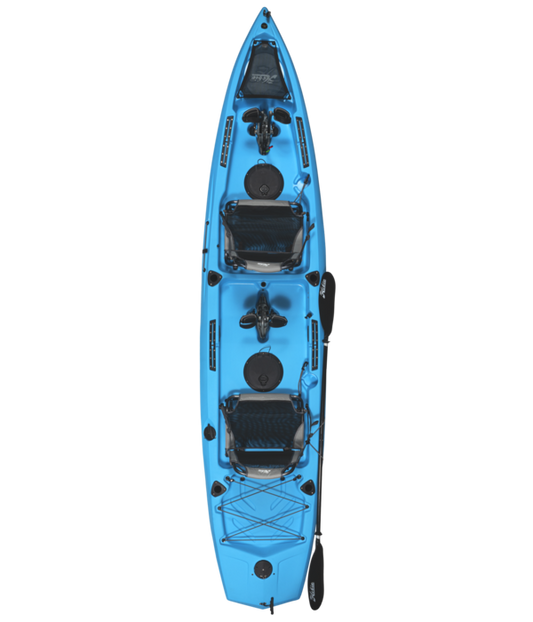 A blue Hobie Mirage Compass Duo 13'6 on a black background.