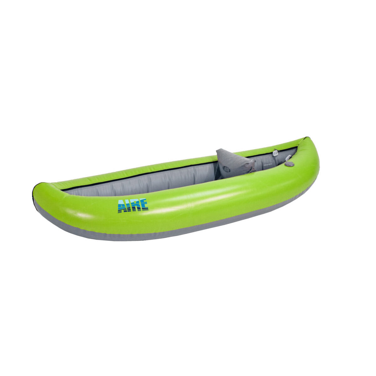 The AIRE Sweet Potato IK is a green and gray inflatable kayak with "AIRE" printed on its side, designed to deliver an exceptional paddling experience against a white background.