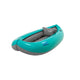 Viewed from an angle, the AIRE Hot Potato inflatable raft in teal and gray offers enhanced stability and includes a built-in seat cushion.
