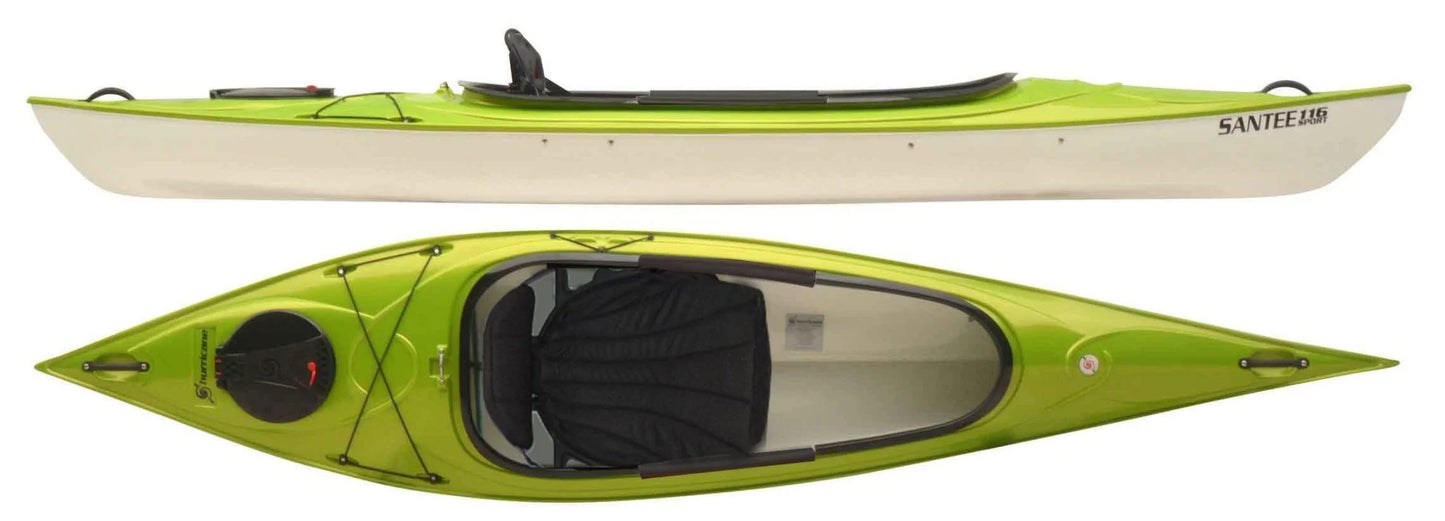 Top and side views of the Santee 116 by Hurricane Kayaks, a green and white lightweight recreational kayak made from Trylon thermoformed plastic, featuring a black seat and an extended cockpit opening.