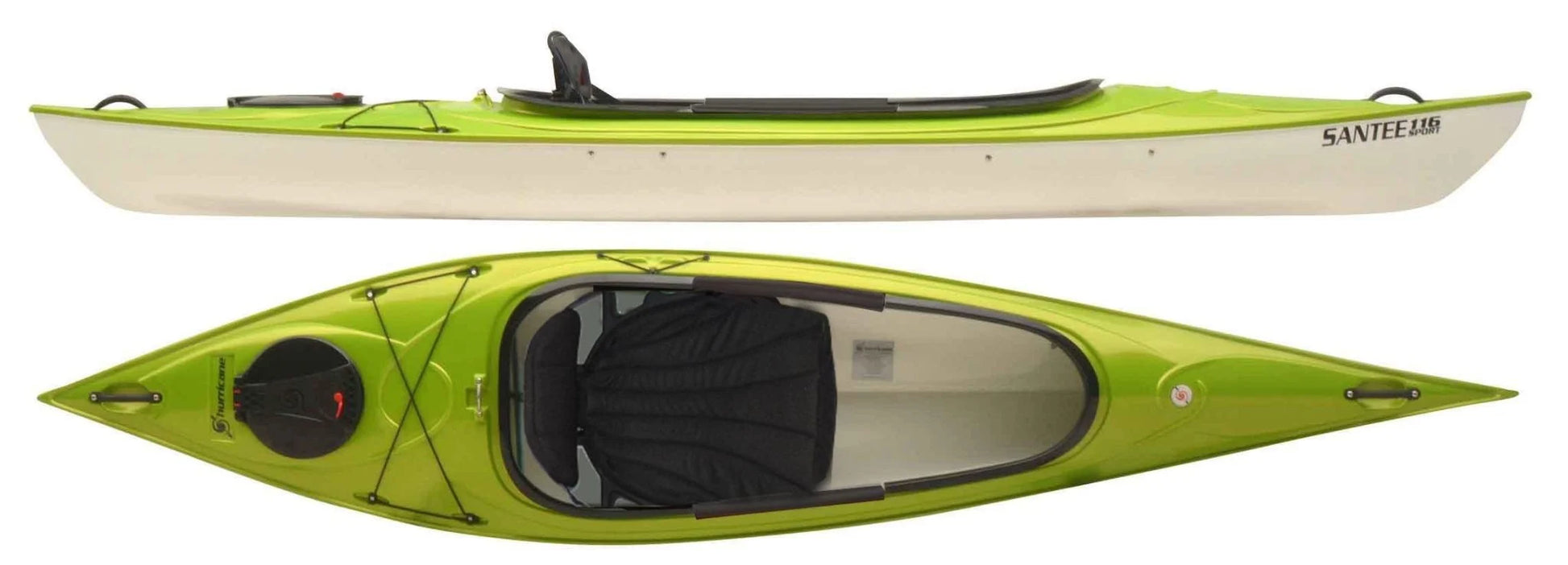 Top and side views of the Santee 116 by Hurricane Kayaks, a green and white lightweight recreational kayak made from Trylon thermoformed plastic, featuring a black seat and an extended cockpit opening.