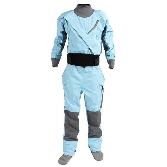 A blue and grey Hydrus 3.0 Meridian Drysuit - Women's jumpsuit by Kokatat.