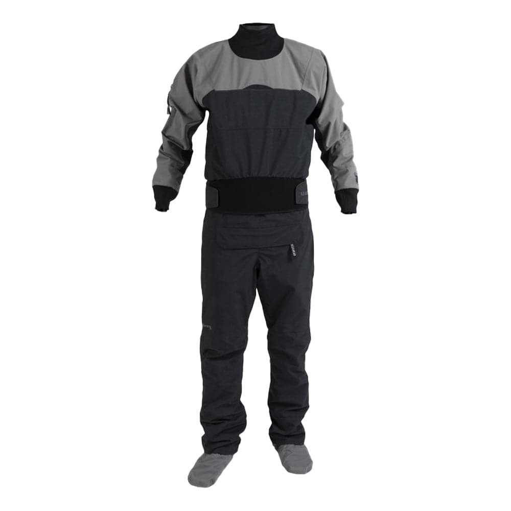 a black and grey Icon (GORE-TEX Pro) Drysuit with a black belt by Kokatat.