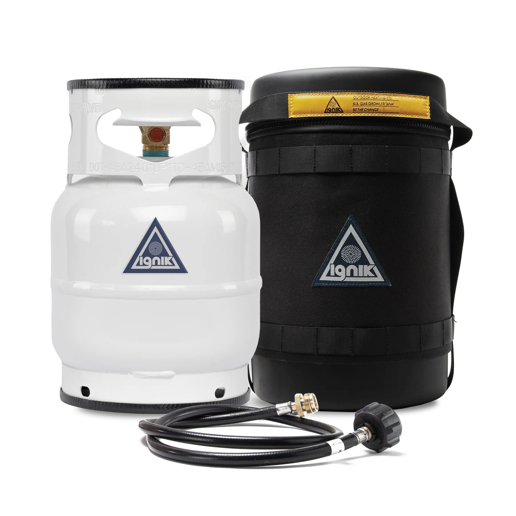 The Ignik Gas Growler 5lbs Propane Tank, a white refillable tank with a black hose attachment, is pictured next to a black cylindrical carrying case. Both items feature the Ignik logo.