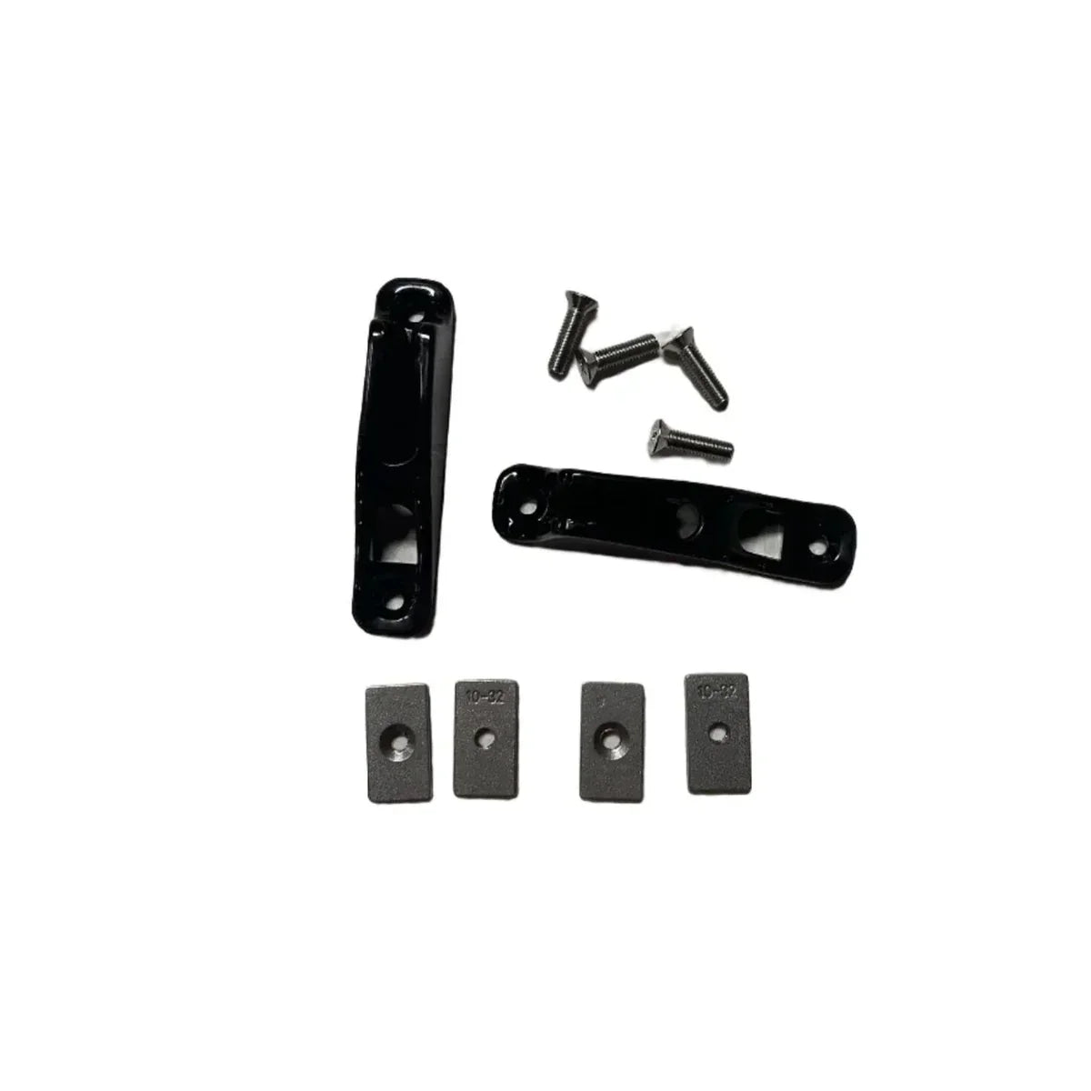 The Native Watercraft Cam Cleat for Accessory Tracks (pair) includes two black metal brackets, four screws, and four small rectangular mounting plates, all displayed on a white background.