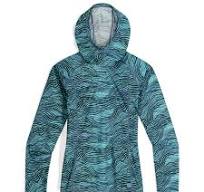 The Outdoor Research Echo Printed Hoodie W's is a lightweight, long-sleeve teal and black hoodie with a high neckline, shown against a white background.