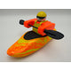 The Foamie Friends Swirl Play Foamie Boaters features a toy figure in an orange life jacket and yellow helmet, sitting in a vibrant orange and yellow boat with a black paddle—perfect for imaginative water play.
