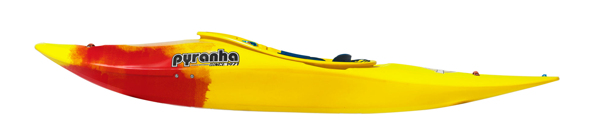 A Pyranha InaZone kayak in yellow and red is shown from the side against a white background.