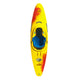 Top view of the Pyranha InaZone, a yellow and red playboat with blue seat and fittings, displaying the Pyranha logo on the sides and a circular emblem near the back.