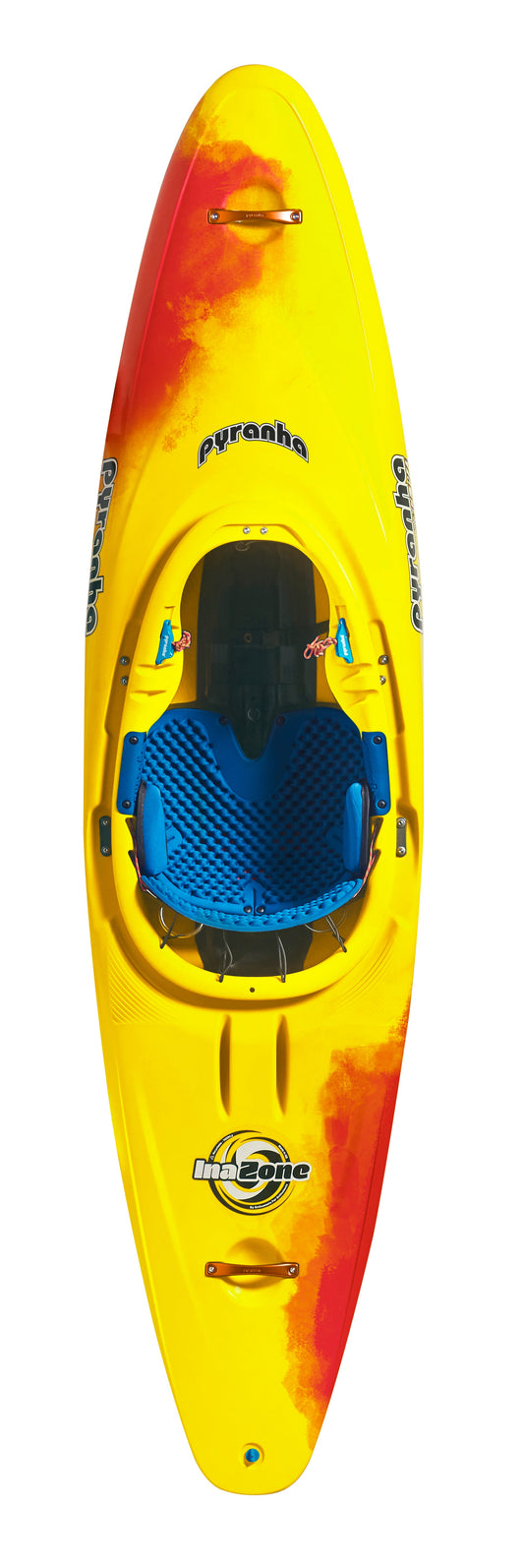 Top view of the Pyranha InaZone, a yellow and red playboat with blue seat and fittings, displaying the Pyranha logo on the sides and a circular emblem near the back.