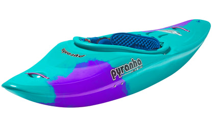 A Pyranha Firecracker play kayak in blue and purple with the Elite Outfitting System is shown from the side on a white background.