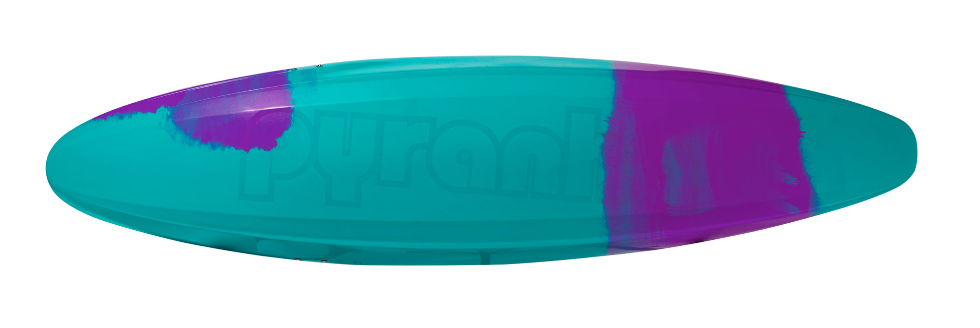 A top view of the Pyranha InaZone river running kayak in blue and purple, with the "Pyranha" brand name subtly visible on its surface.