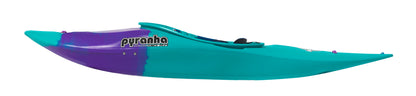 A side view of the Pyranha InaZone kayak in turquoise and purple, shown on a white background.