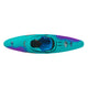 Top view of a Pyranha InaZone kayak in turquoise and purple, featuring an open cockpit, seat, footrests, and "Pyranha" branding on the bow and sides.