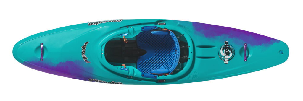 Top view of a Pyranha InaZone kayak in turquoise and purple, featuring an open cockpit, seat, footrests, and "Pyranha" branding on the bow and sides.