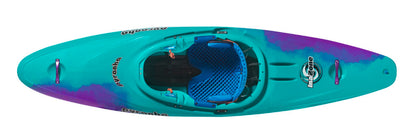 Top view of a Pyranha InaZone kayak in turquoise and purple, featuring an open cockpit, seat, footrests, and "Pyranha" branding on the bow and sides.