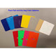 A variety of colored rectangular fabric and plastic samples are on display, featuring shades of blue, purple, yellow, gray, tan, white, red, green, and orange. Included is a waterproof PVC sample resembling the Pickup Paco Pad by Jacks Plastic Welding.