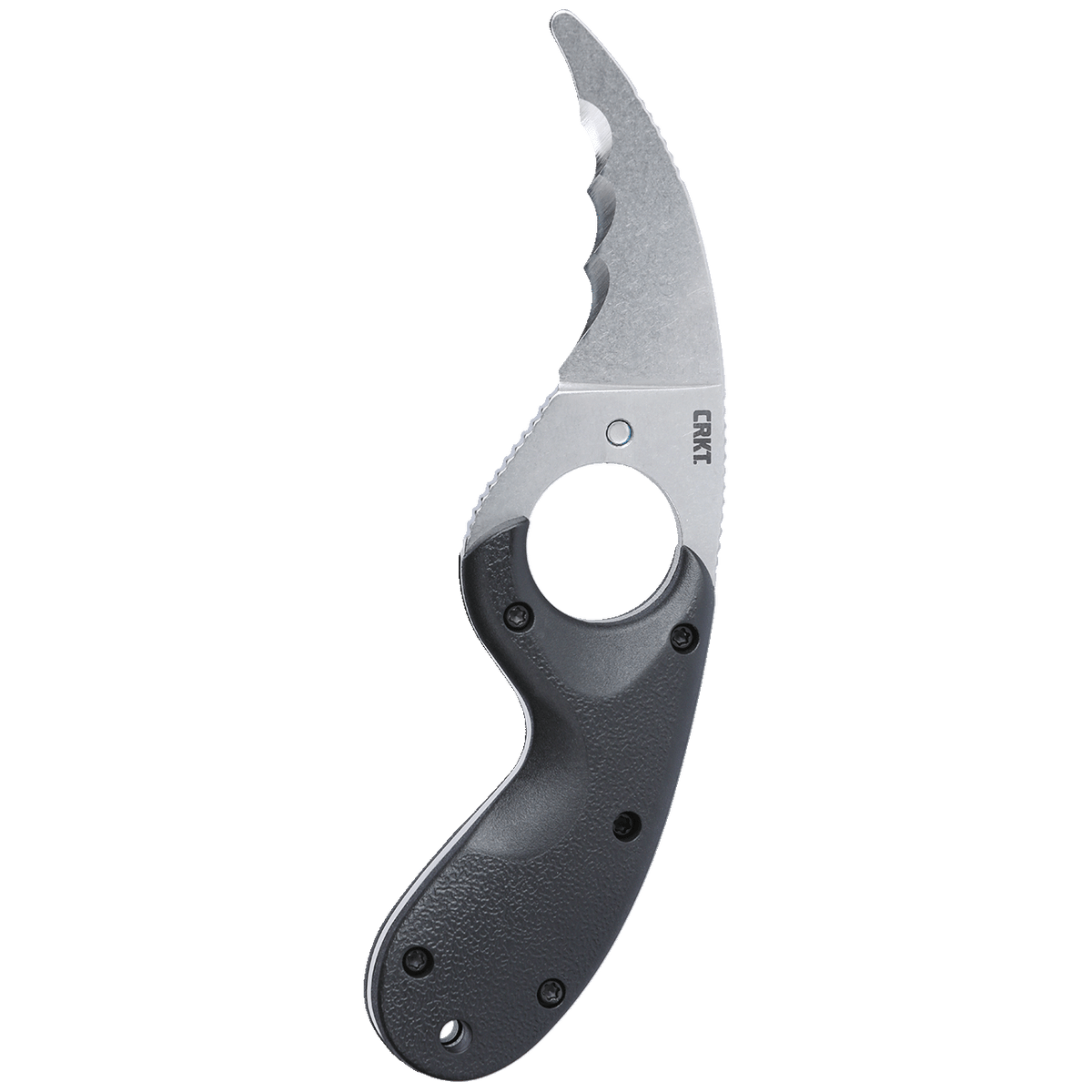 The CRKT Bear Claw Knife, a fixed blade knife featuring corrosion-resistant steel, showcases a black handle on a black background.