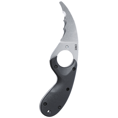 The CRKT Bear Claw Knife, a fixed blade knife featuring corrosion-resistant steel, showcases a black handle on a black background.