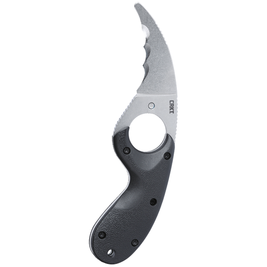 The CRKT Bear Claw Knife, a fixed blade knife featuring corrosion-resistant steel, showcases a black handle on a black background.