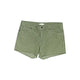 The Carve Oahu 4" Short is a pair of green denim shorts with a frayed hem, front and back pockets, and a button closure.