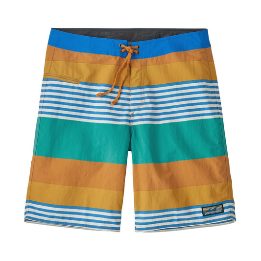 The Patagonia Wavefarer Boardshorts - 19 in. for men feature horizontal blue, white, teal, and mustard stripes, a drawstring waistband, side pocket, and are crafted from recycled materials.