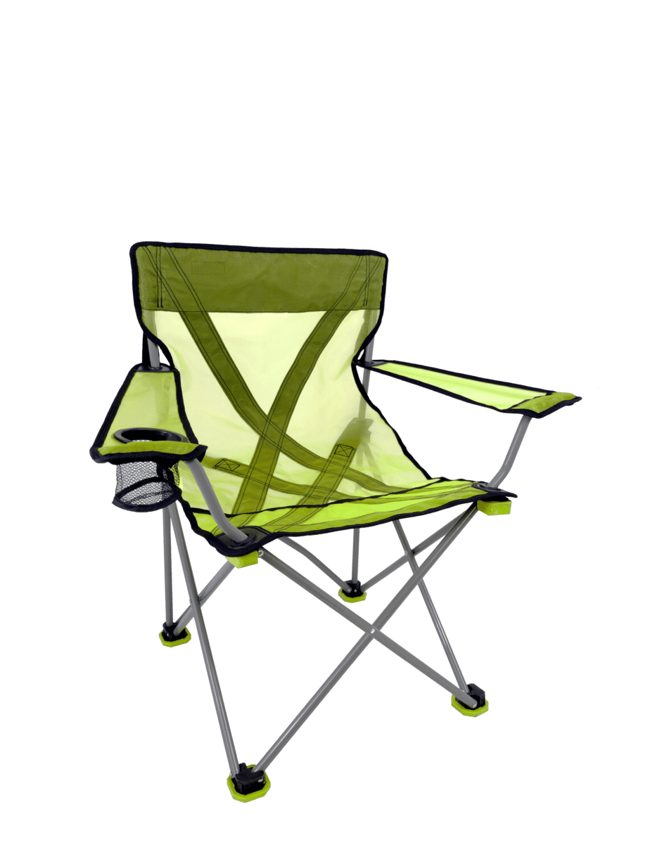 A green folding Teddy Chair with armrests and a mesh cup holder, ideal for car camping, displayed on a solid green background. (Brand Name: Travel Chair)