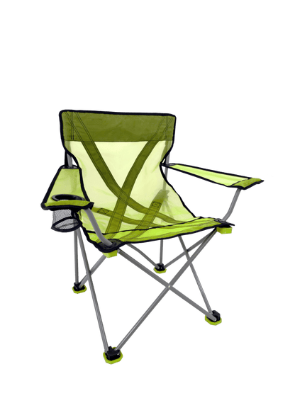 A green folding Teddy Chair with armrests and a mesh cup holder, ideal for car camping, displayed on a solid green background. (Brand Name: Travel Chair)