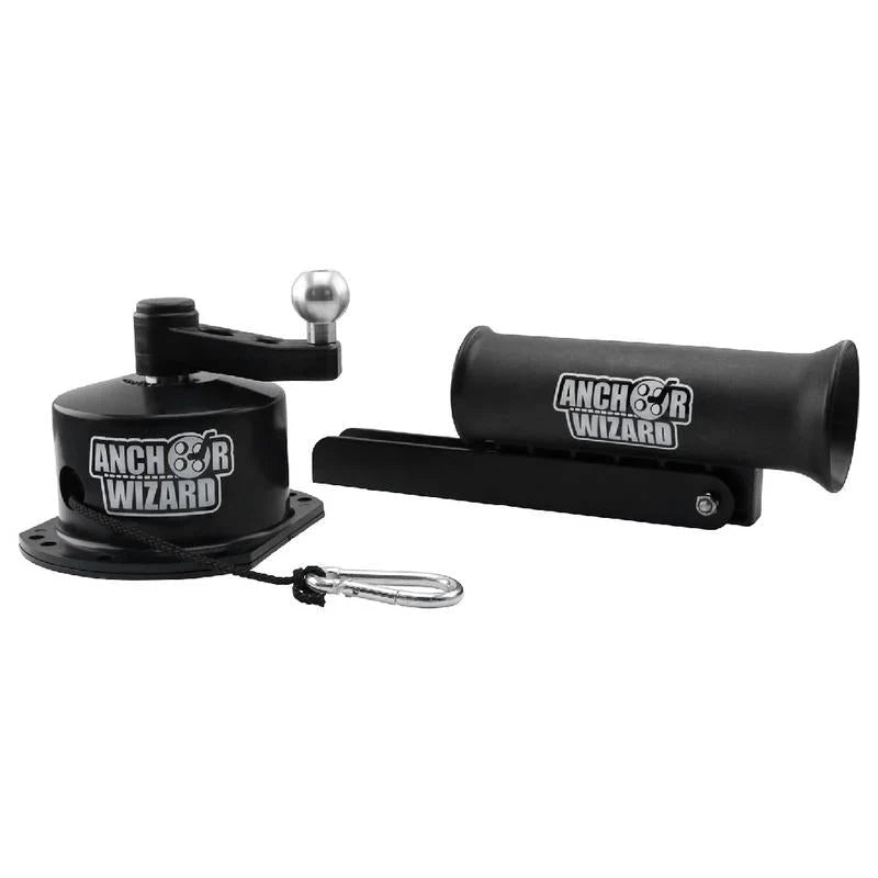The Native Watercraft Anchor Wizard is a black low-profile kayak anchor retrieval system with a crank handle and separate mounting bracket—both branded, ideal for easy anchor management.