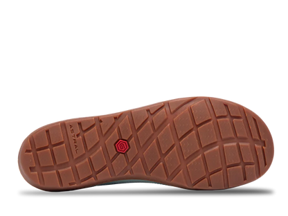 The image displays the brown sole of a men's Astral Loyak AC shoe with a geometric tread pattern made from durable G-Rubber. A small red hexagon is centered, and the name "Astral" is visible on the side.