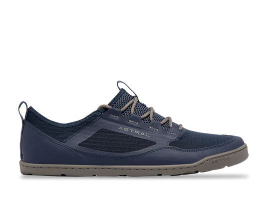 The Astral Loyak AC Men's sneaker in navy blue features ultra-fine ripstop mesh, gray accents, a white "ASTRAL" logo on the side, sticky G-Rubber outsoles, and a gray sole, shown in profile.