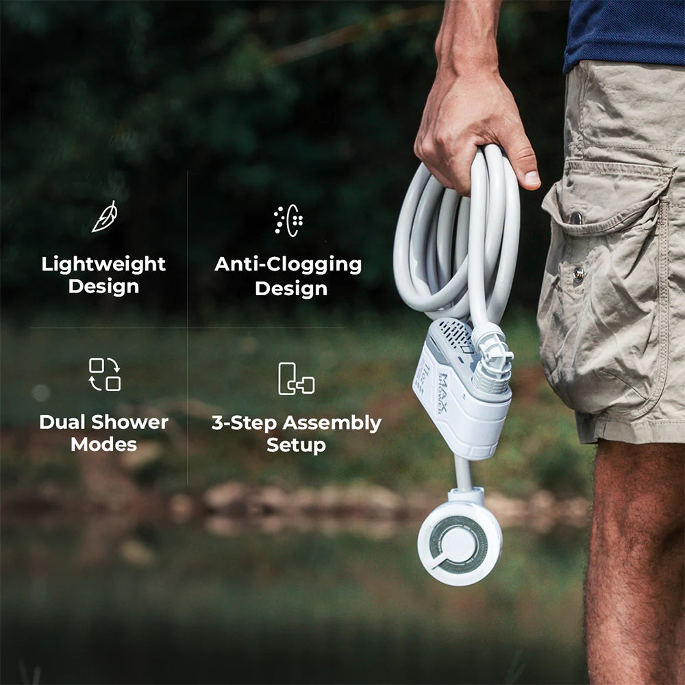 A person holds the MAX Shower by Flextail, an ultra-portable white shower device with a flexible hose. It features highlights of its lightweight design, anti-clogging feature, dual shower modes, and simple 3-step assembly setup. This battery-powered shower ensures convenient use anywhere.
