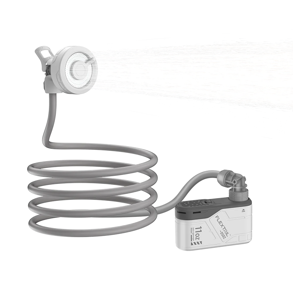 The MAX Shower by Flextail features a coiled water hose connected to a spray nozzle and a water control unit, releasing a stream of water from an ultra-portable shower—perfect for outdoor adventures.