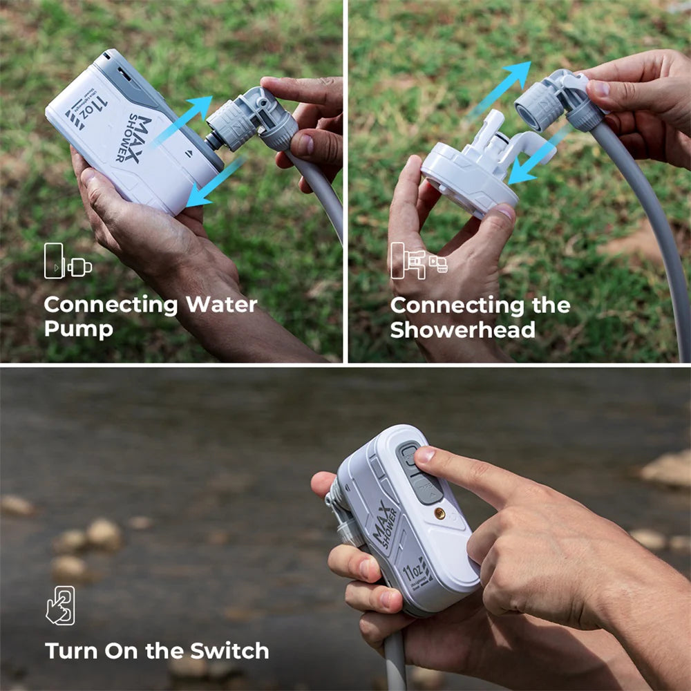 Step-by-step guide illustrating how to connect the MAX Shower's water pump and showerhead, and turn on the switch. Text indicates each step. The background includes grass and a water body. Brought to you by Flextail.