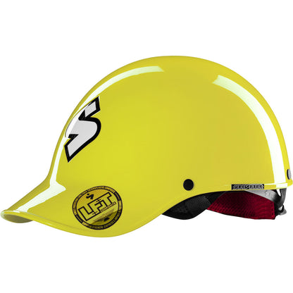 The Strutter Helmet by Sweet Protection is a whitewater helmet showcasing a yellow safety design, a black and white logo on the side, an LFIT label on the front, and is equipped with the OCCIGRIP Tensioning System for secure positioning.