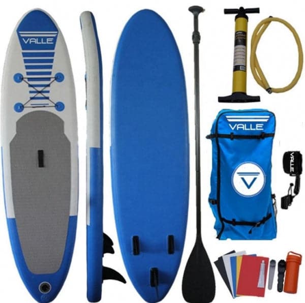 A Valle blue and white stand up paddleboard with accessories including a leash.
