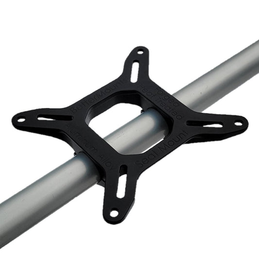 Black cross-shaped bracket mounted on a silver metal tube.