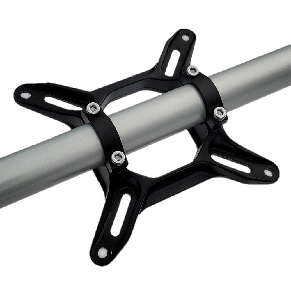 Metal rod secured by a Better Mounts black four-arm spider clamp on a white background.