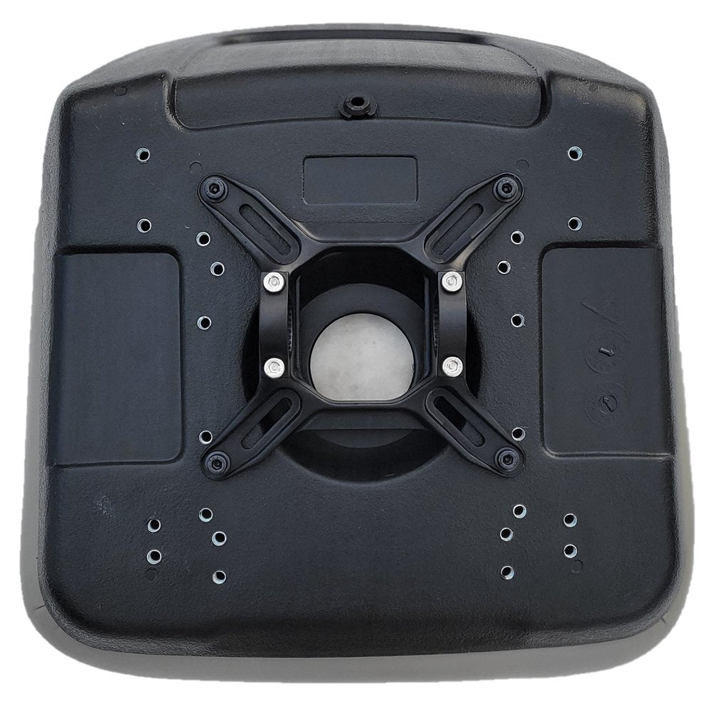 Bottom view of a black robotic vacuum cleaner, showcasing its wheels, brushes, and sensors.