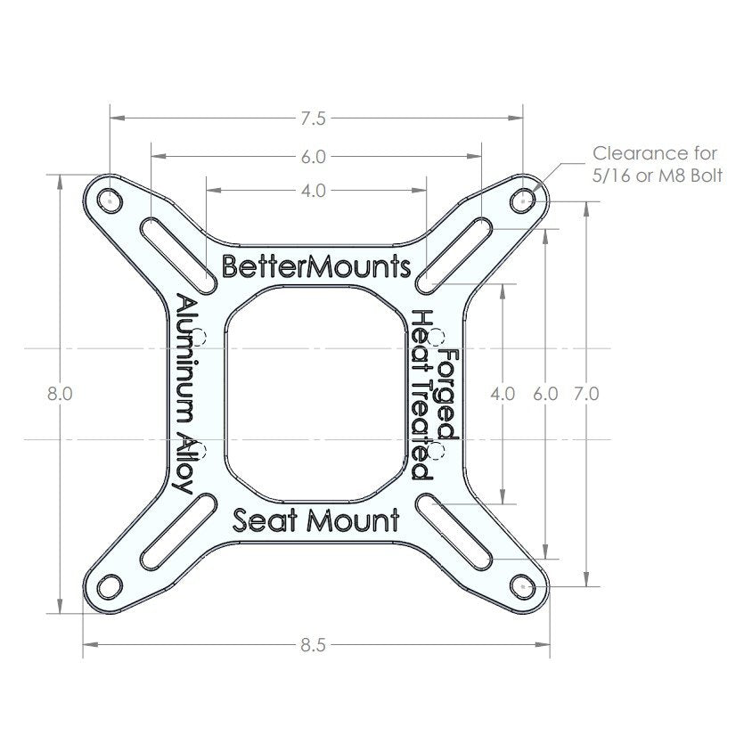 Technical drawing of a hexagonal Better Mounts seat mount made from aluminum alloy with specified dimensions and clearances for bolts.