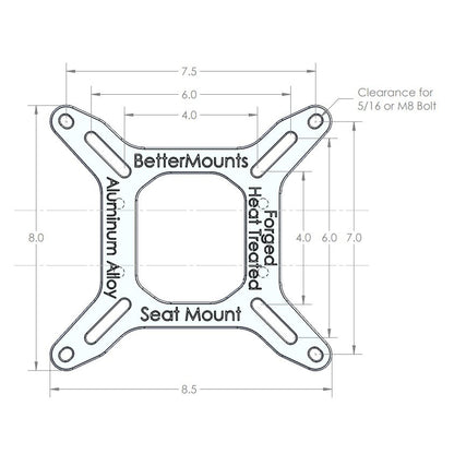 Technical drawing of a hexagonal Better Mounts seat mount made from aluminum alloy with specified dimensions and clearances for bolts.