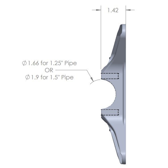 Technical drawing of a Better Mounts seat mount with diameter specifications for 1.25" and 1.5" pipes.
