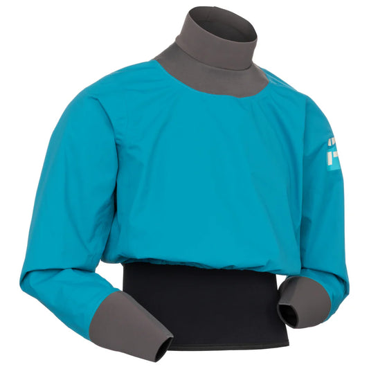 A lightweight paddling jacket featuring a blue and gray waterproof dry top with a high collar, long sleeves, and a black waistband, crafted from durable polyester ripstop for kayaking and other water sports: the Nano Long Sleeve Paddle Jacket by Immersion Research.