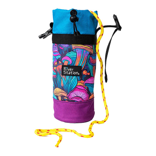 The Limited Edition Throw Bag - 60' from River Station Gear features a colorful mushroom pattern, blue and purple top, black trim, and a yellow 7mm rope with red accents.