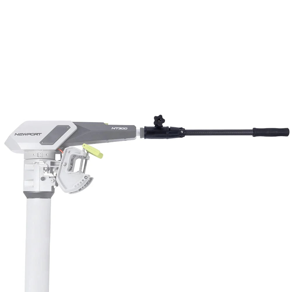 The electric outboard motor, set against a white background, features an ergonomic design, gray and white housing, adjustable handle, mounting bracket, and includes Newport's 18" Tiller Extension Handle for improved control.