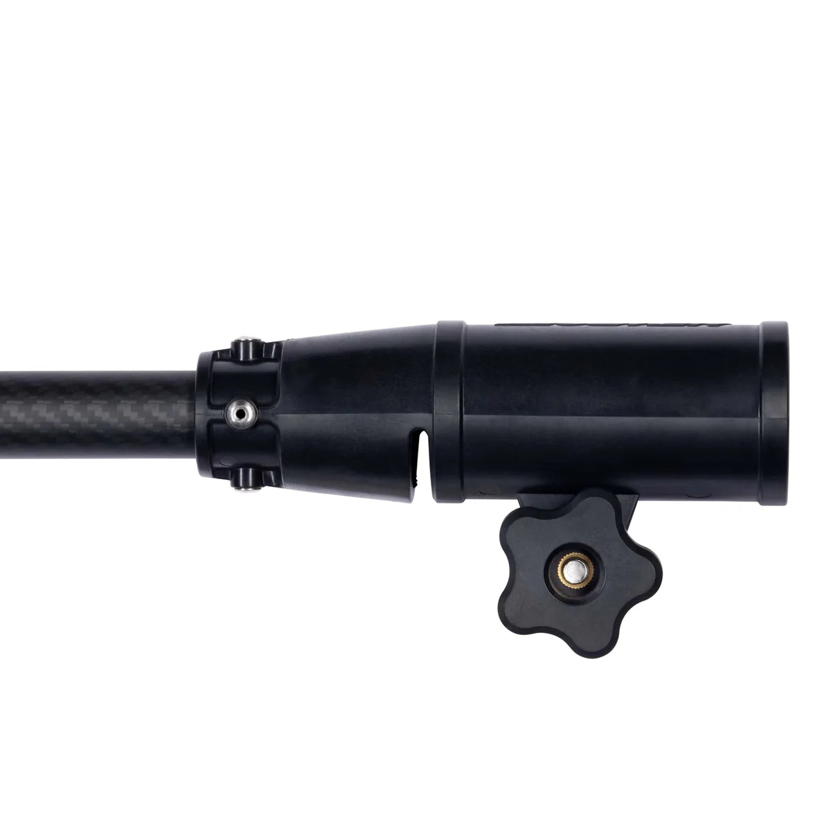 Close-up of the Newport Tiller Extension Handle - 18", with a sleek black control cylinder and ergonomic adjustment knob, attached to a pole, isolated on a white background.
